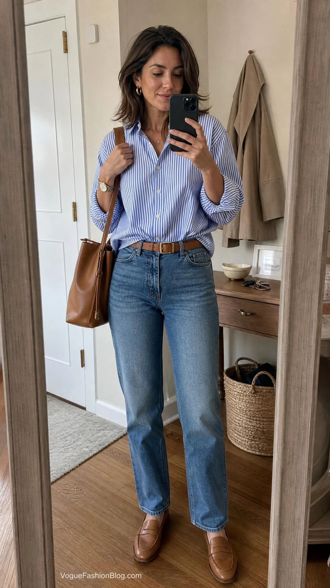 Mirror selfie of a woman in a blue-and-white button-down tucked into straight jeans, one of the striped shirt outfits for early fall
