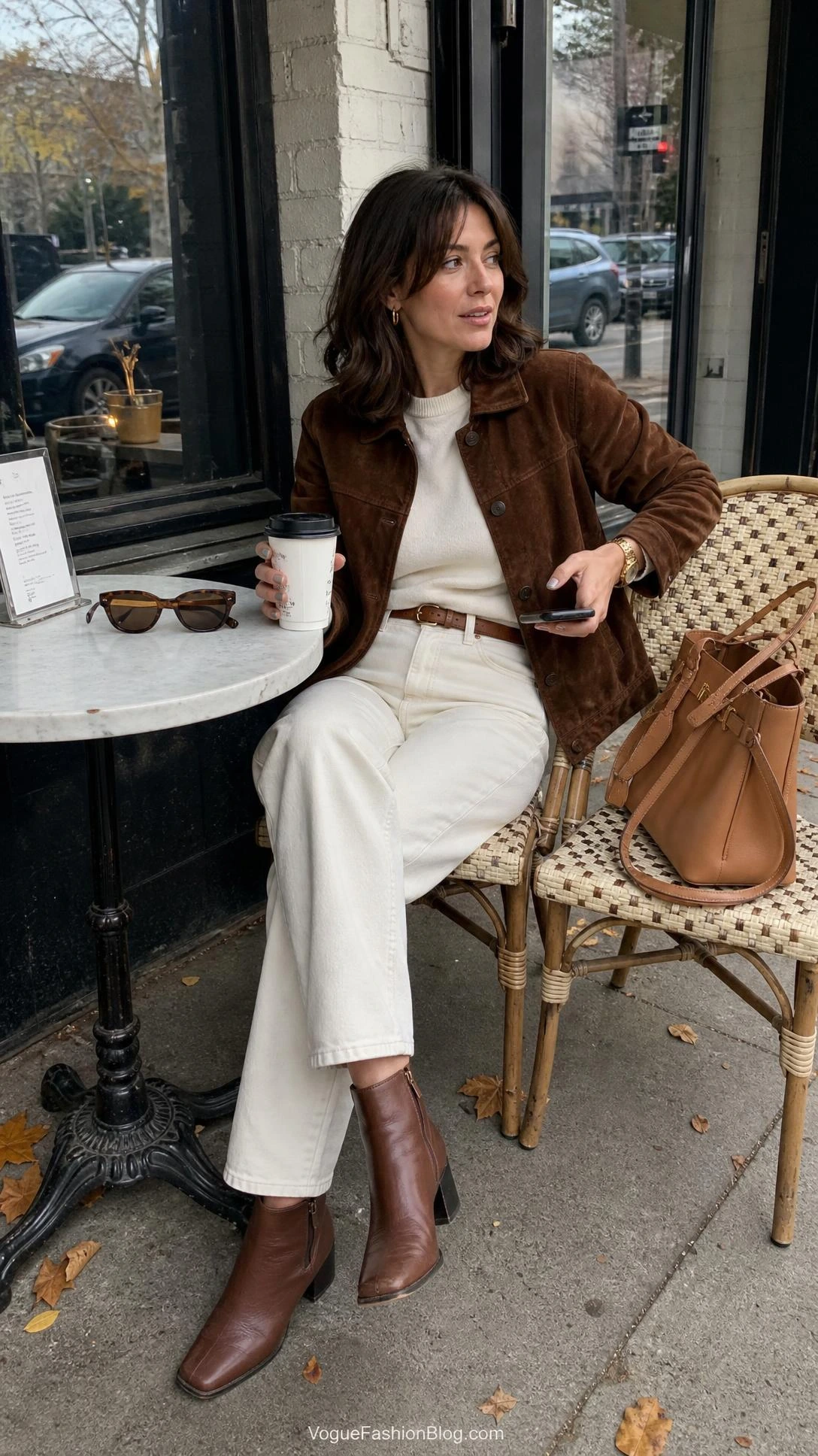 Woman at a city café in a brown suede jacket and ivory denim, showing white jeans after Labor Day outfits for fall.