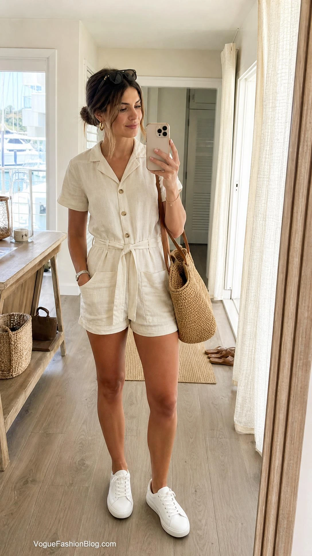 Woman taking a mirror selfie in a cream linen button-front romper and white sneakers, a casual boat day outfit ideas look.