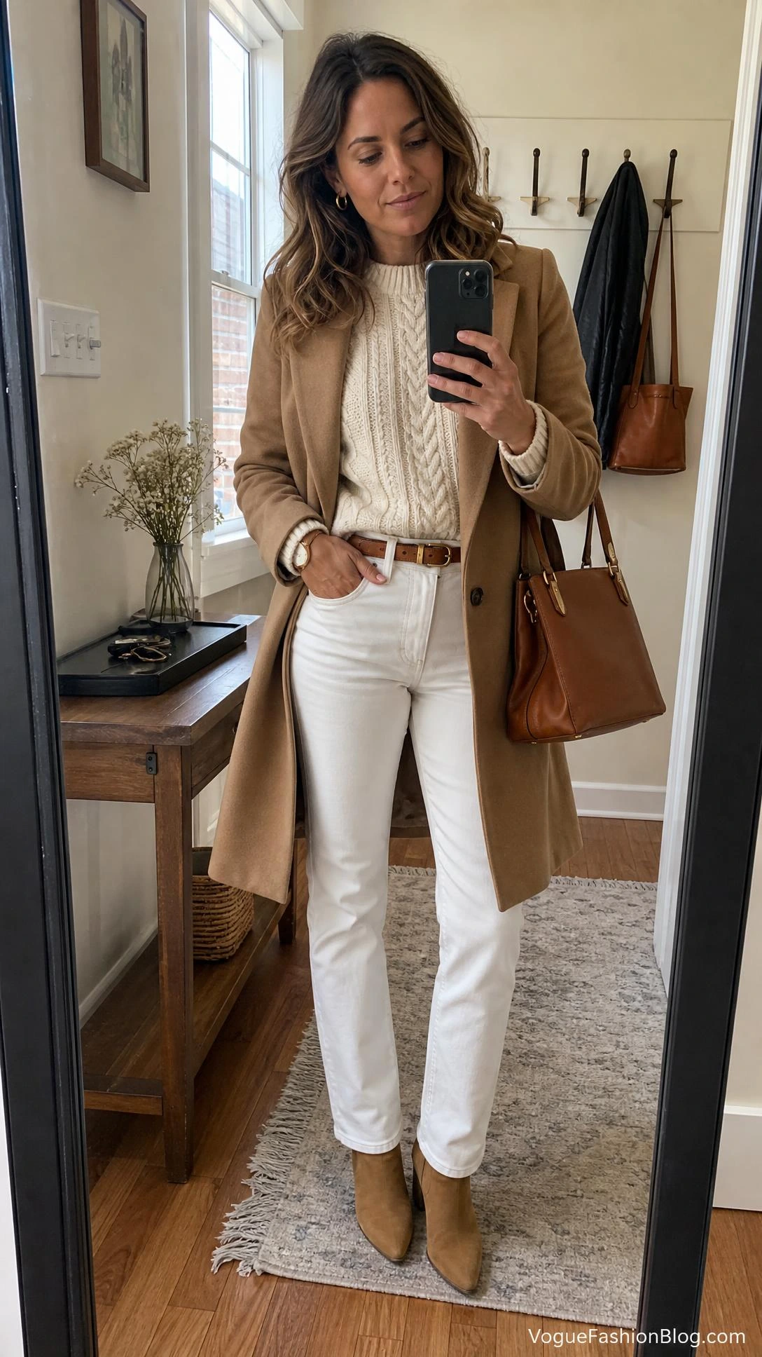 Mirror selfie of a woman in a camel coat, cream knit, and white jeans after Labor Day with tan boots and cognac handbag