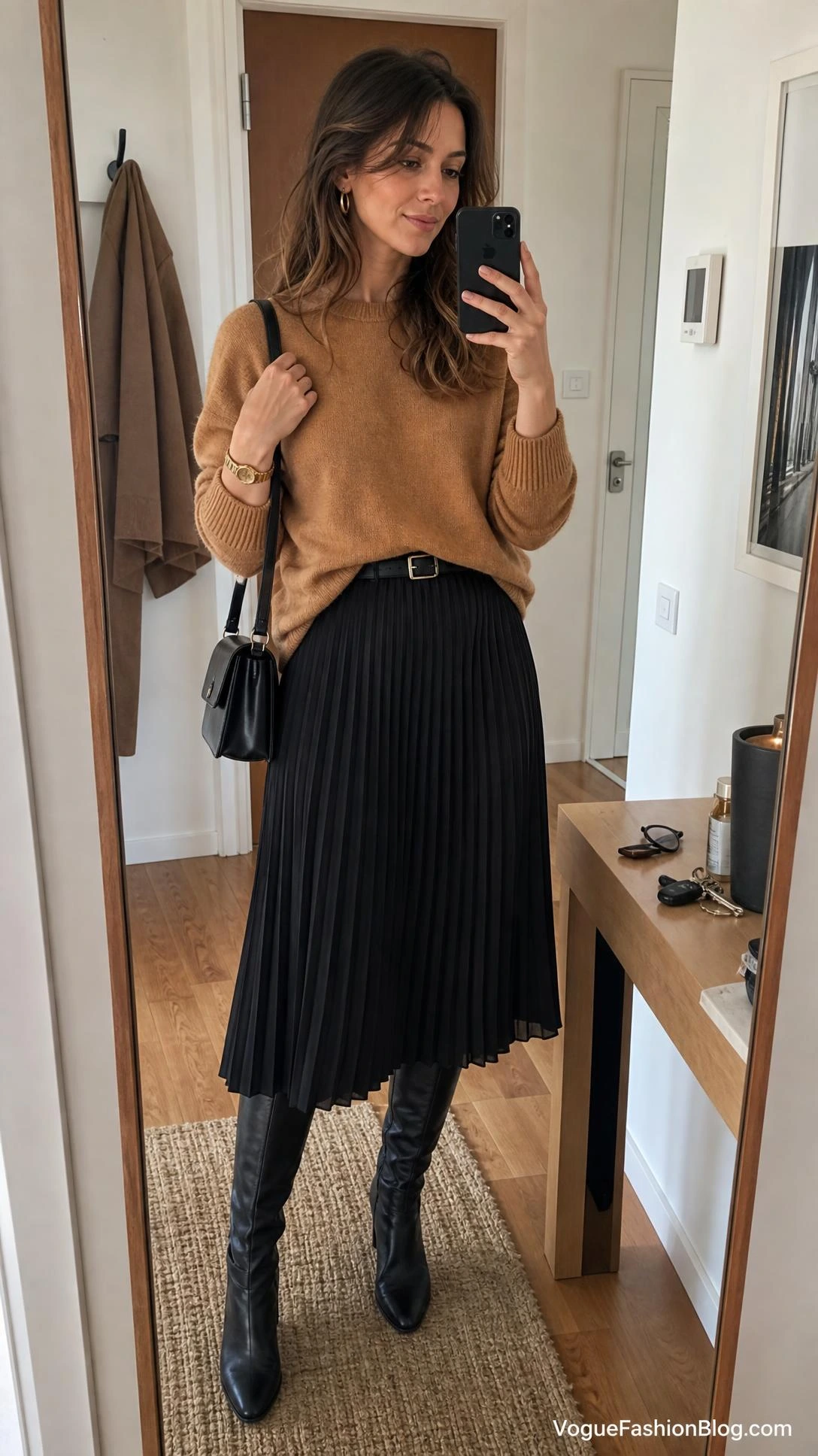 Mirror selfie of a camel sweater, black skirt, knee-high boots, belt, bag, and gold accents—pleated midi skirt outfit ideas for fall