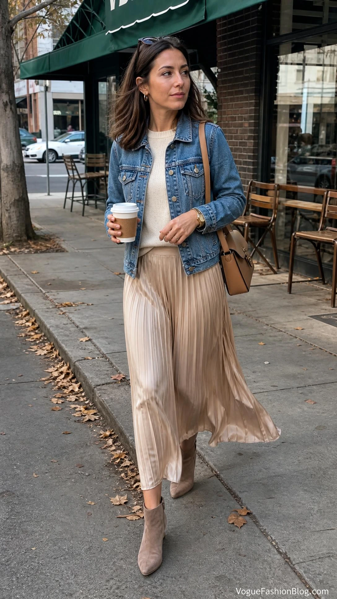 Woman in a denim jacket, ivory knit top, and satin pleated midi skirt outfit walking past a café on an overcast fall sidewalk