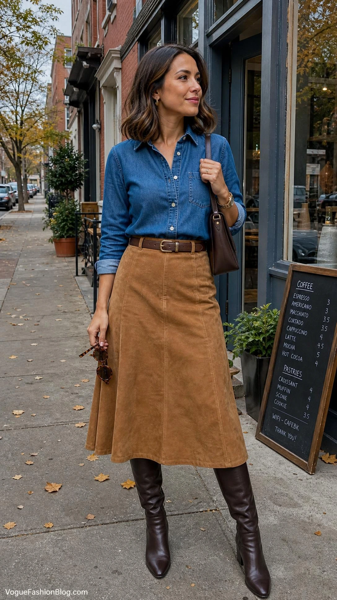 Fall Outfit Ideas for Women: denim button-down tucked into a camel suede midi skirt on a café-lined city sidewalk