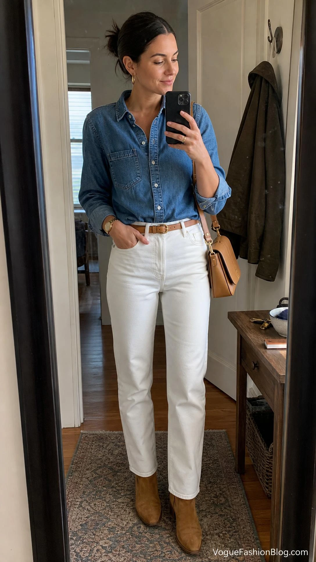 Woman in a medium-blue denim shirt and white straight jeans takes an entryway mirror selfie for white jeans after labor day outfits