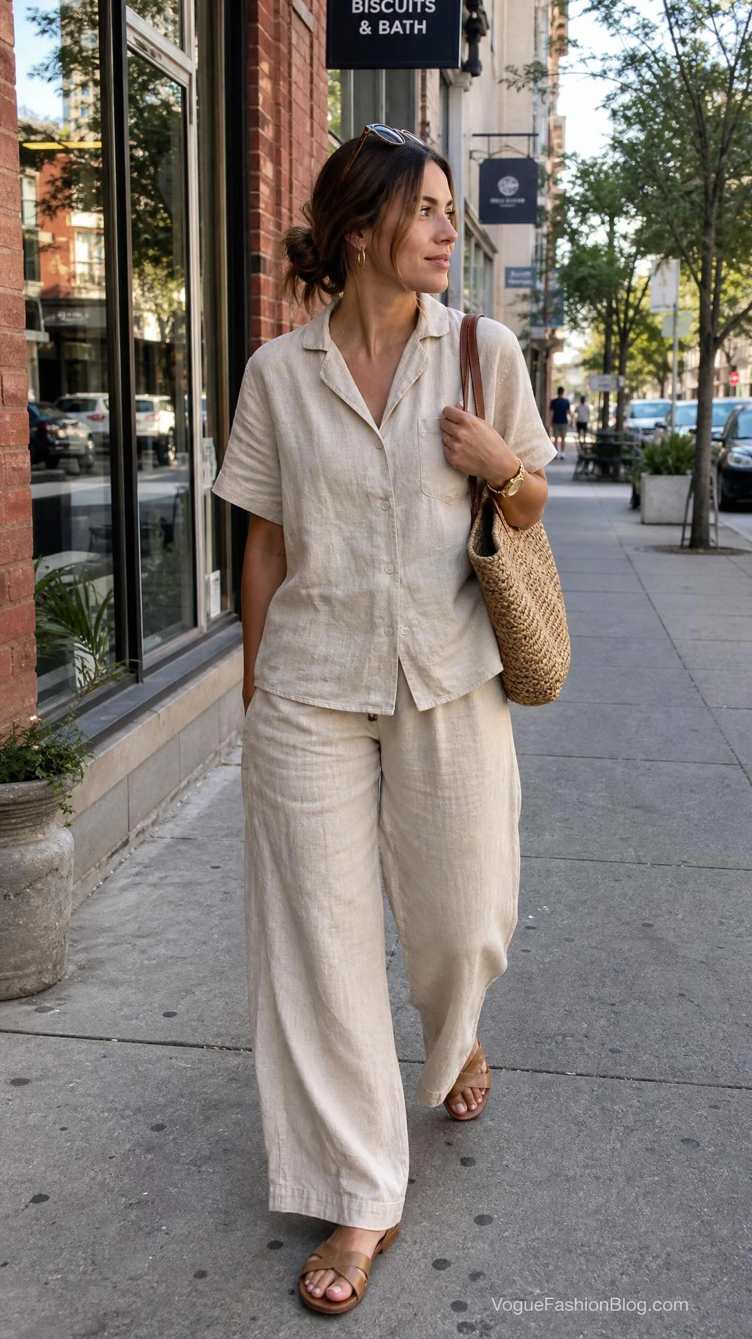 Woman in an oatmeal linen-blend matching set walking past café windows, a polished take on late summer outfit ideas women