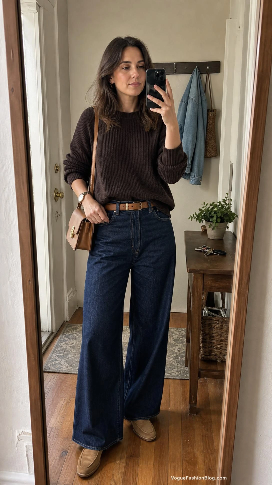 Mirror selfie of a woman in an espresso ribbed knit sweater and dark wide-leg jeans, a polished take on fall outfit ideas.