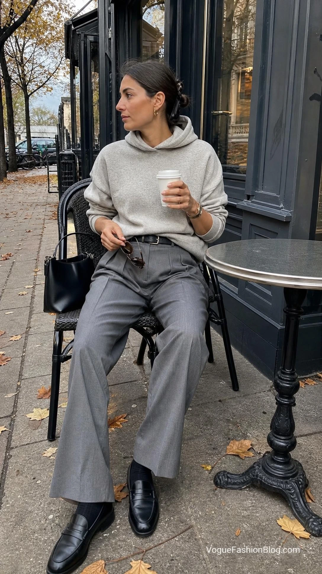 Woman in gray tailored trousers and a soft hoodie sits at an autumn sidewalk café, a polished take on fall outfit ideas for women.