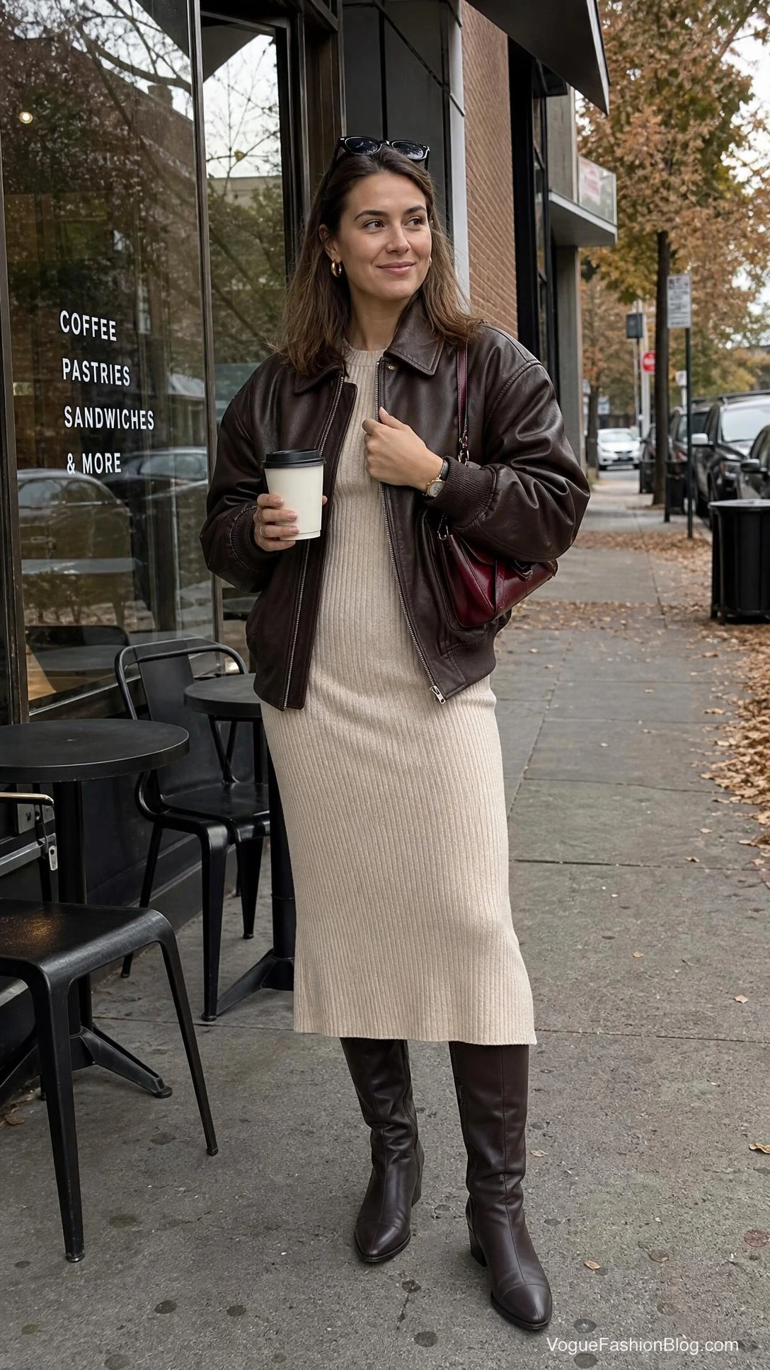 Woman in a chocolate leather bomber over an oatmeal ribbed knit midi dress, one of 2026's fresh fall outfit ideas for women