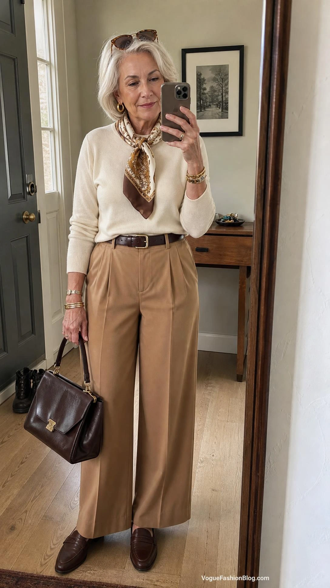 Mirror selfie of a stylish woman showing how to dress in your 70s with ivory knit, camel trousers, belt, and standout accessories