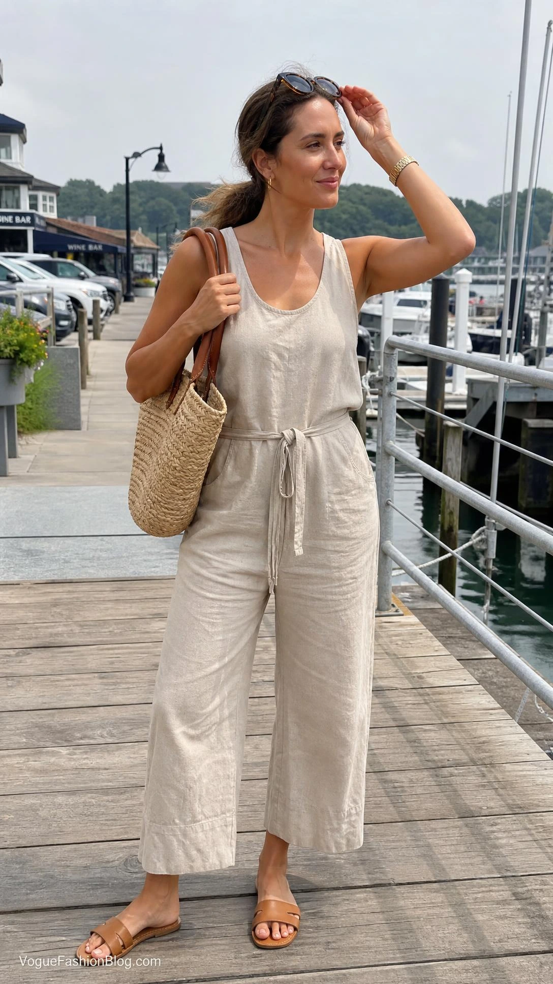 Woman in an oatmeal linen-blend jumpsuit and slide sandals on a marina boardwalk, a chic pick for boat day outfit ideas for women