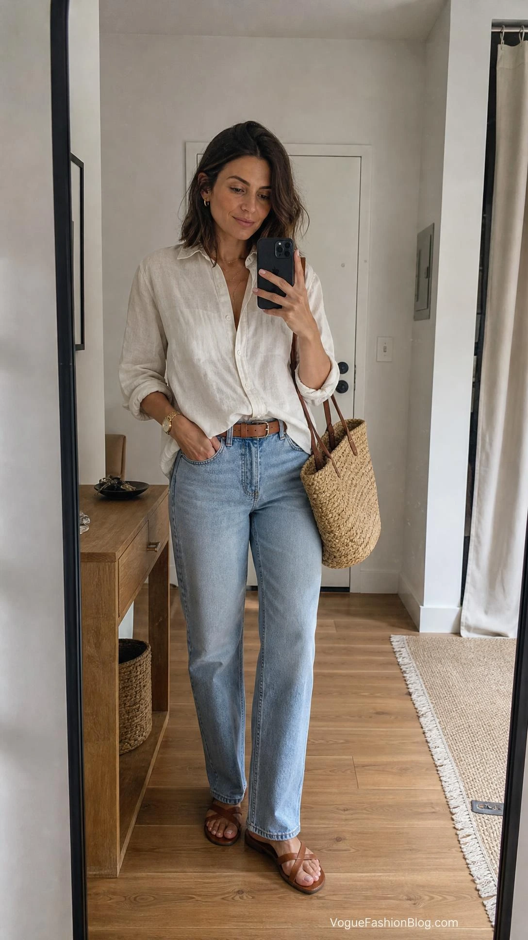 Woman in an ivory oversized linen shirt and relaxed light-wash jeans, a mirror selfie for late summer outfit ideas women