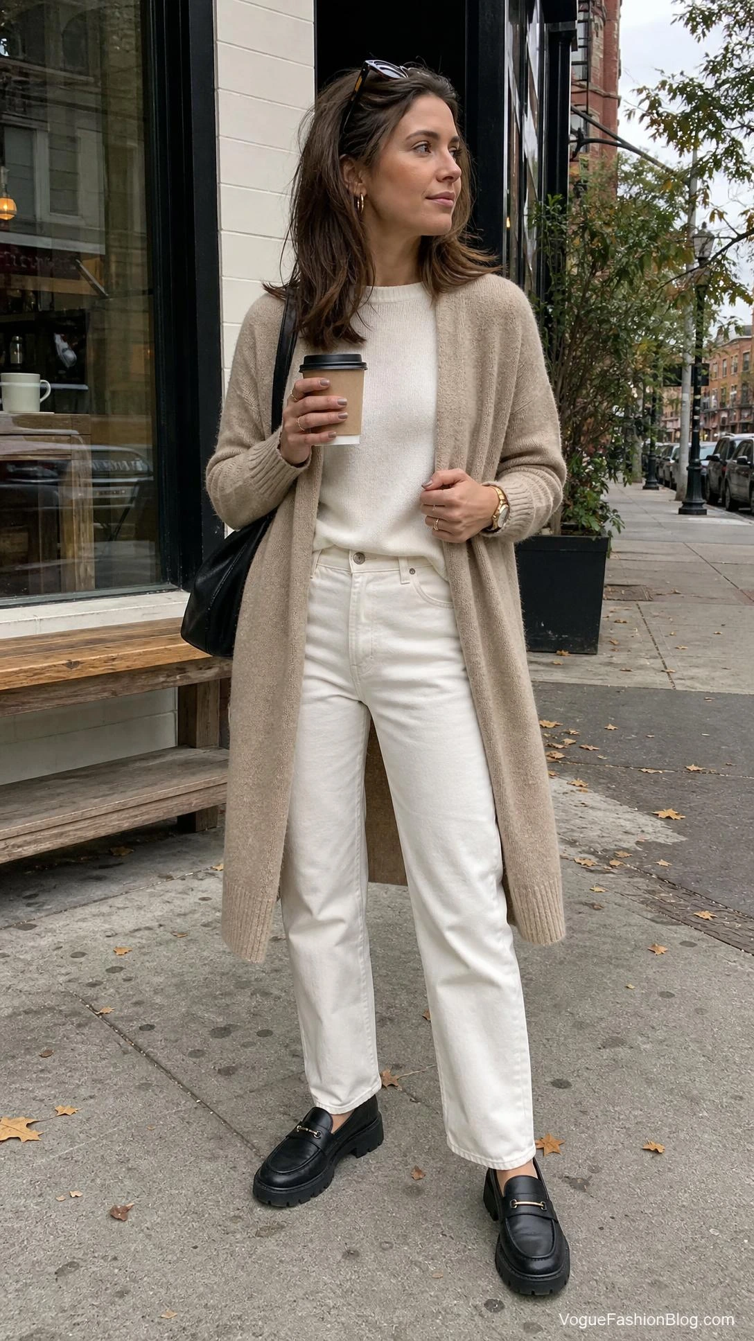 Woman in ivory denim, long camel cardigan, and lug sole loafers styling white jeans after Labor Day for fall
