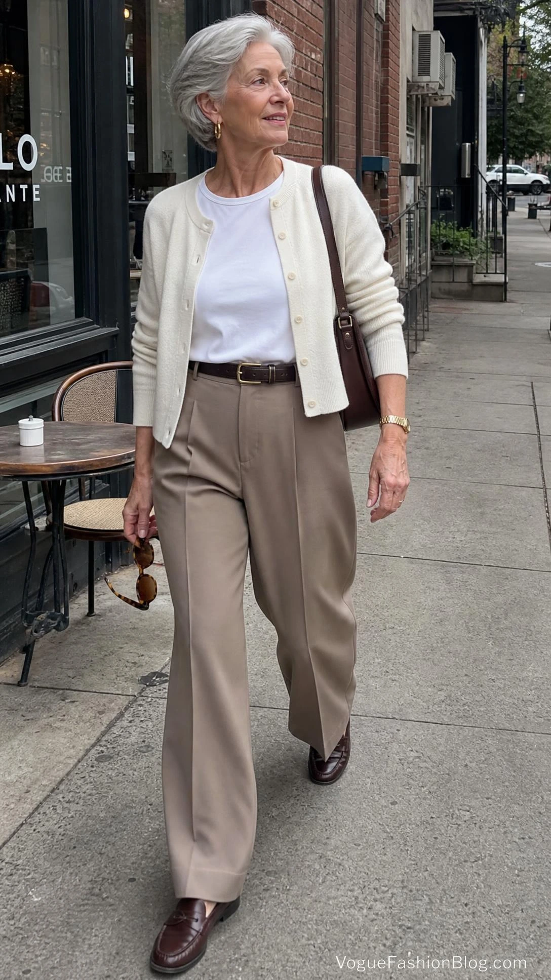 Stylish woman in her 70s walking past a café in high-waisted wide-leg modern pants, showing balanced proportions.