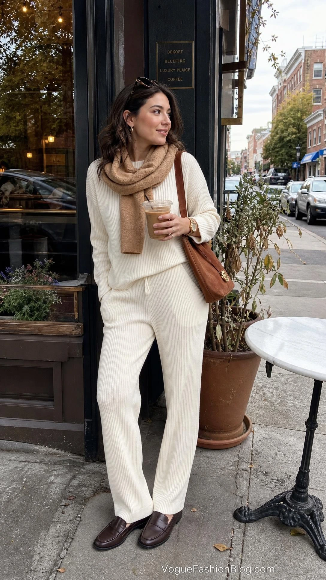 Woman in an ivory ribbed knit matching set with fall accessories, showing Labor Day weekend outfits that carry into autumn