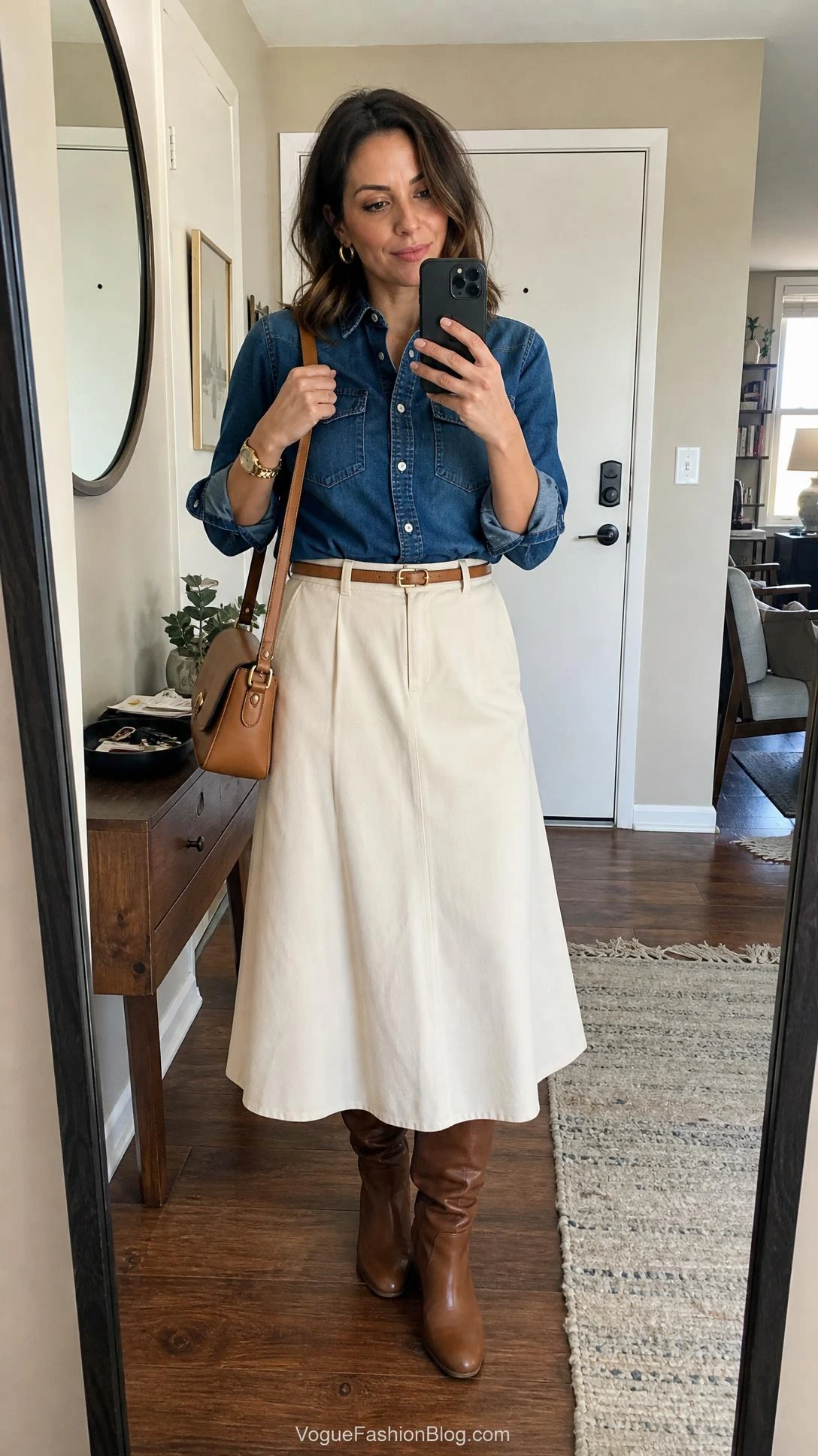 Mirror selfie of a woman in a midi skirt with a denim shirt, pairing rolled sleeves and an ivory hem for early fall