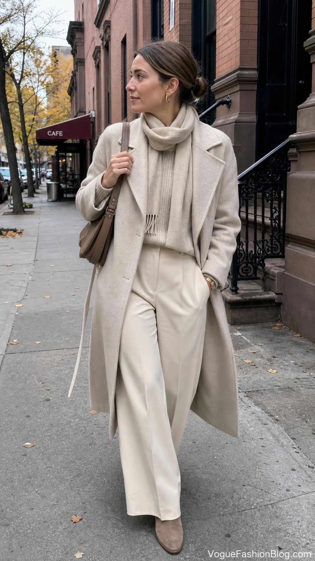 Woman in a long oatmeal wool wrap coat and tonal layers walking past brownstones, showing fresh fall outfit ideas for women in 2026