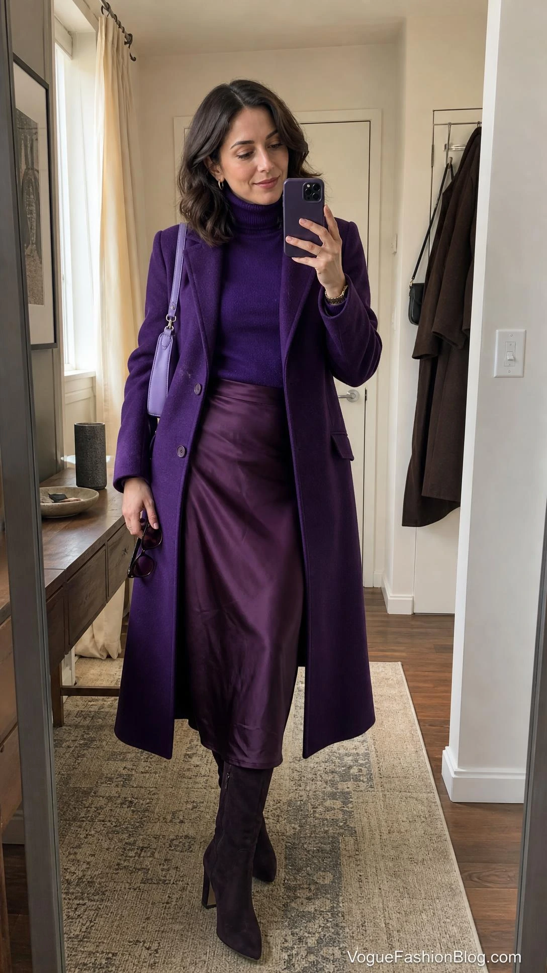 Woman in a knit turtleneck and plum satin <a href=