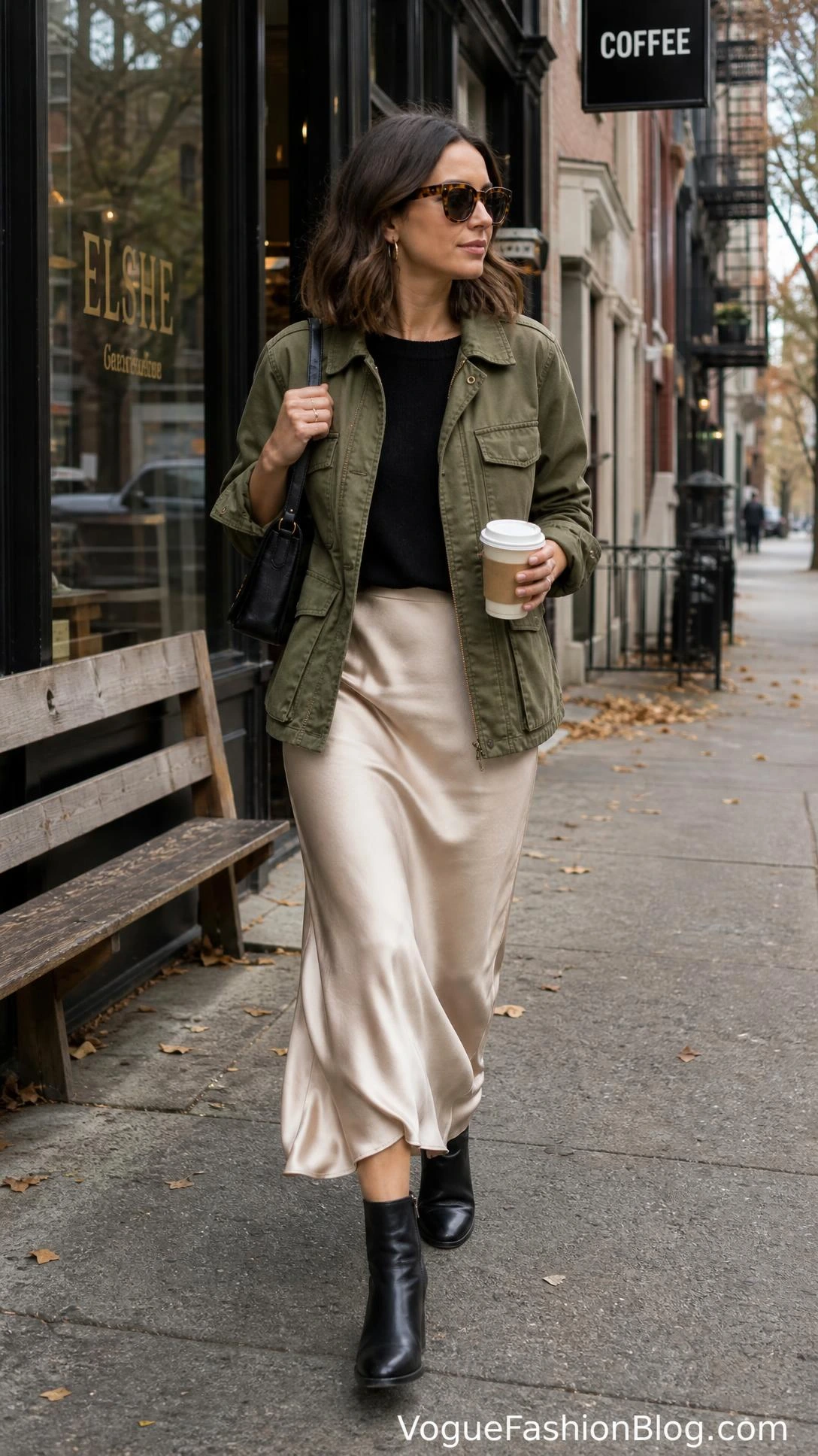 Woman in an olive utility jacket and slip skirt walks past a neighborhood café, a fresh take on fall outfit ideas for women.