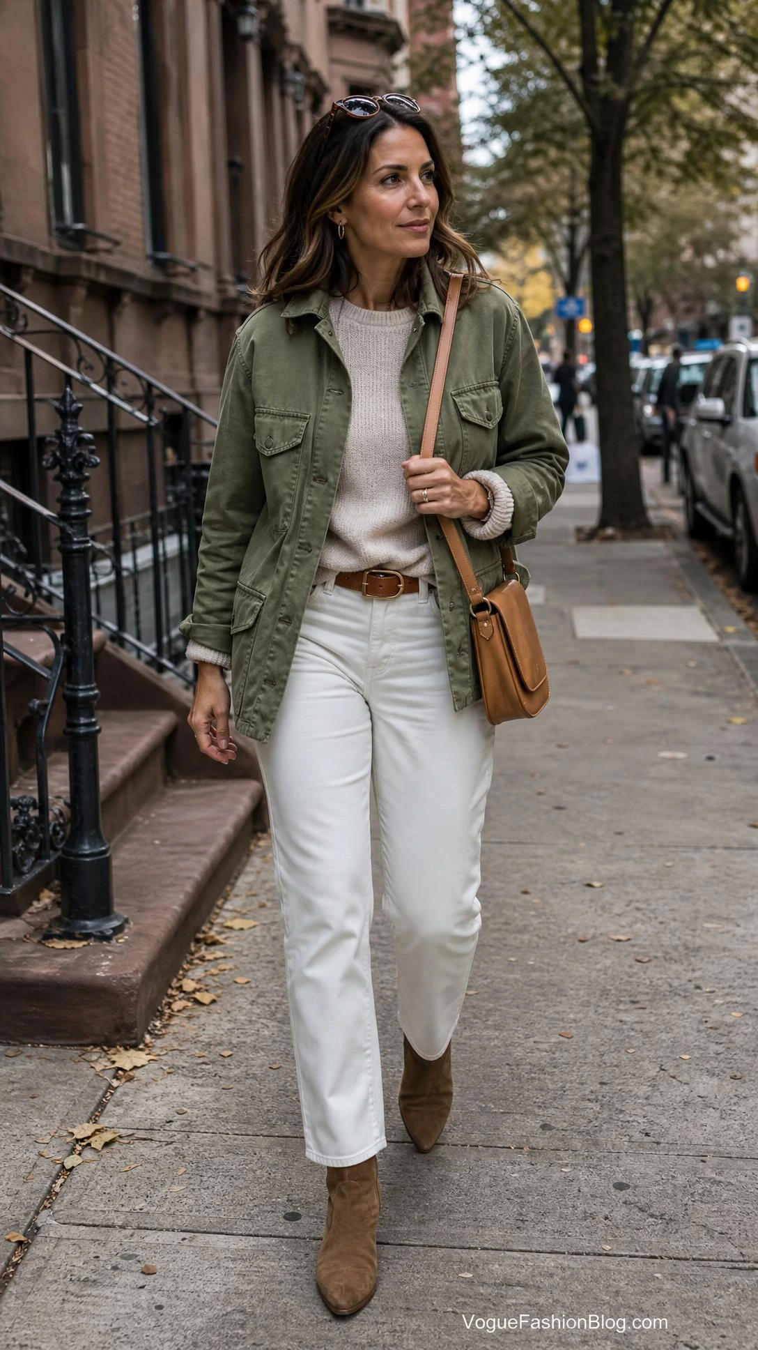 Woman in off-white straight-leg jeans and oatmeal sweater walks past brownstones, showing white jeans after Labor Day style