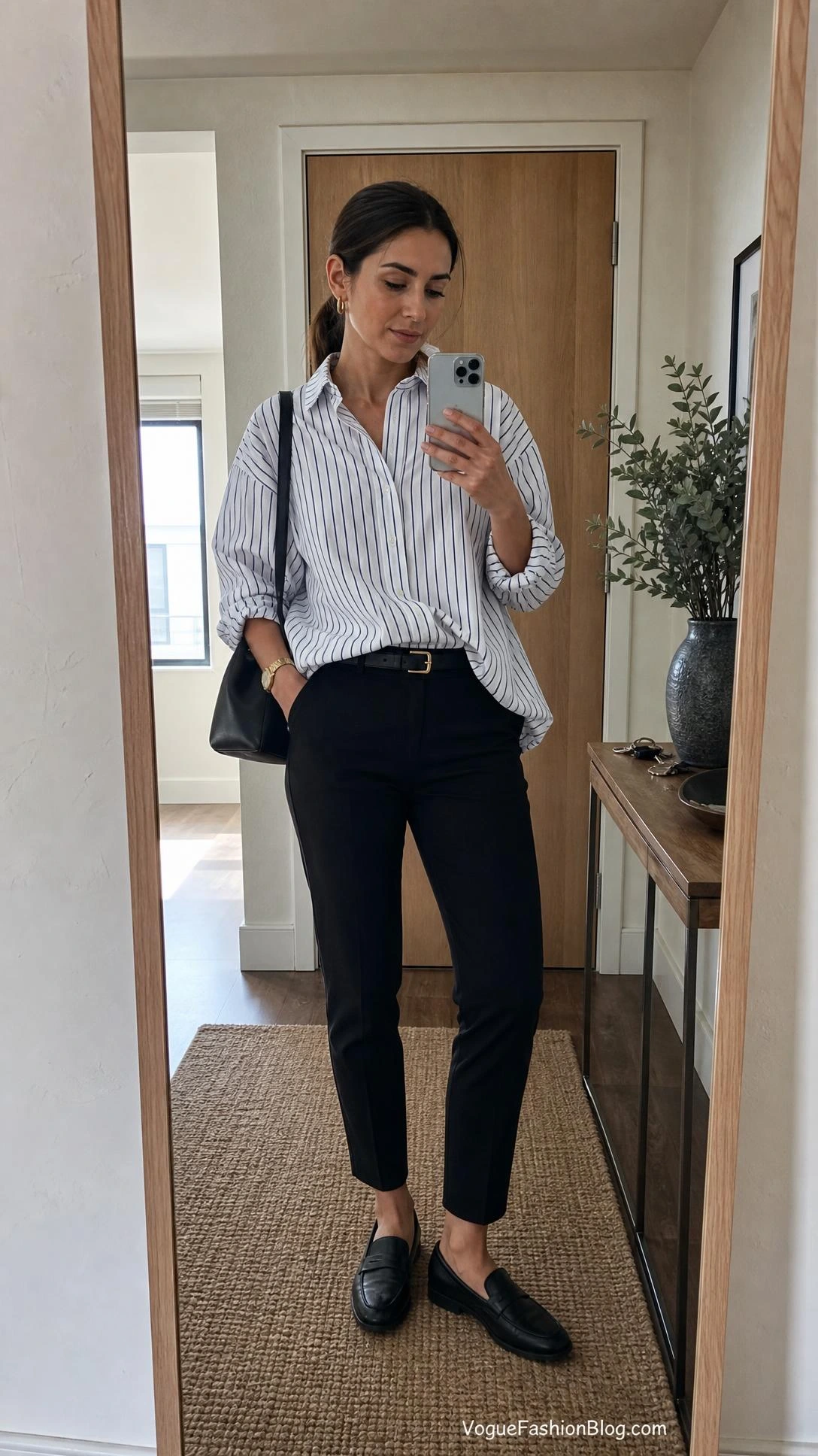 Early fall mirror selfie for striped shirt outfits, with oversized navy-stripe button-down and black slim pants