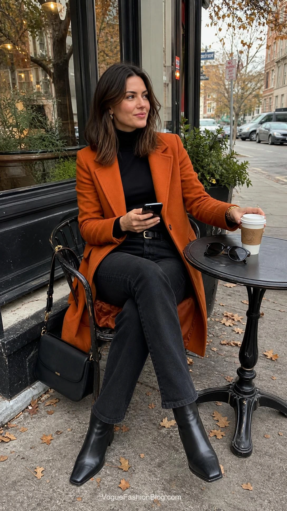 Woman seated at an autumn café in a tailored persimmon coat, black turtleneck and boots, for persimmon orange outfit ideas for fall