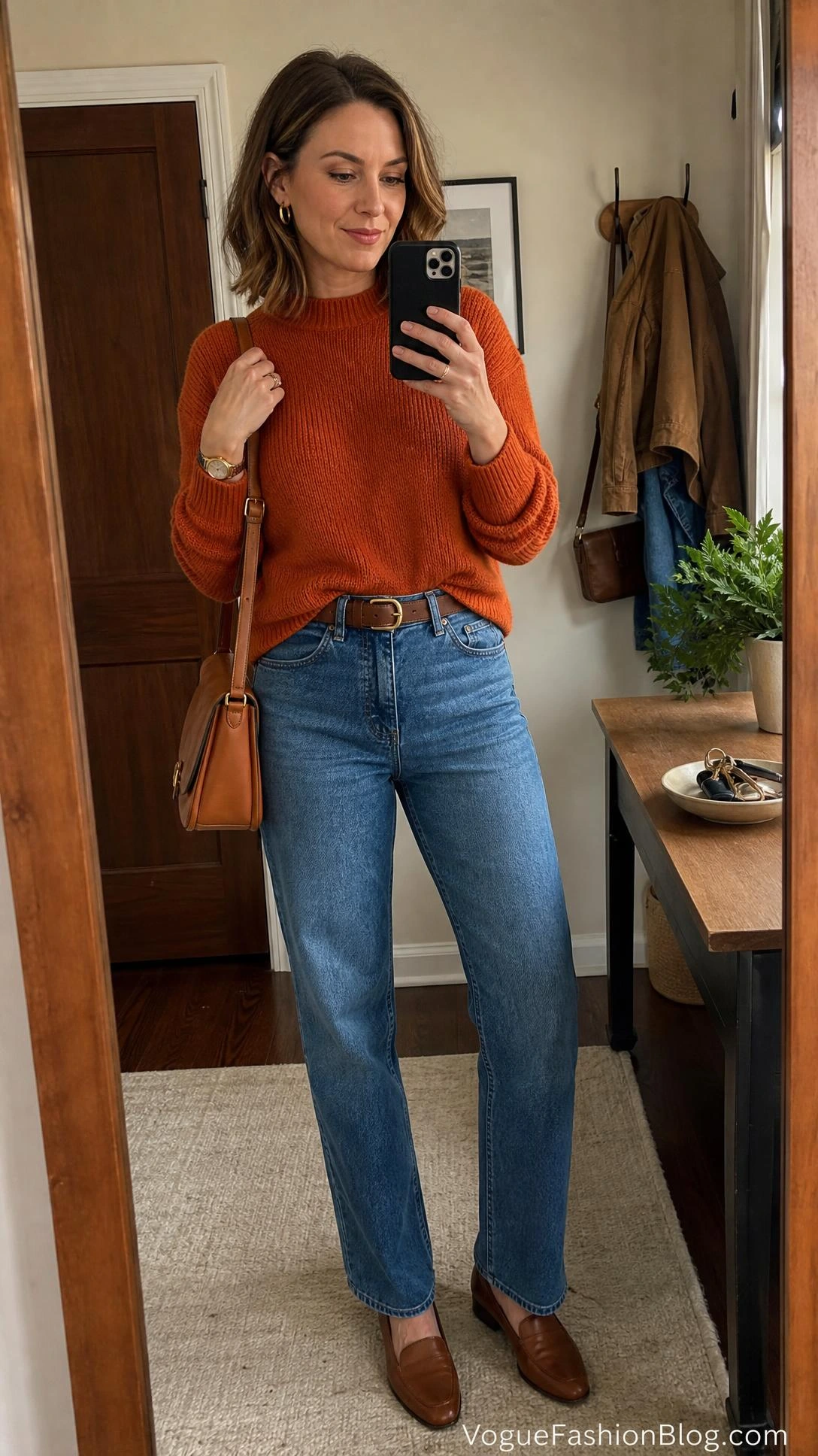 Persimmon orange outfit ideas for fall: textured sweater with straight-leg denim, brown belt, and tan bag in an entryway mirror selfie.