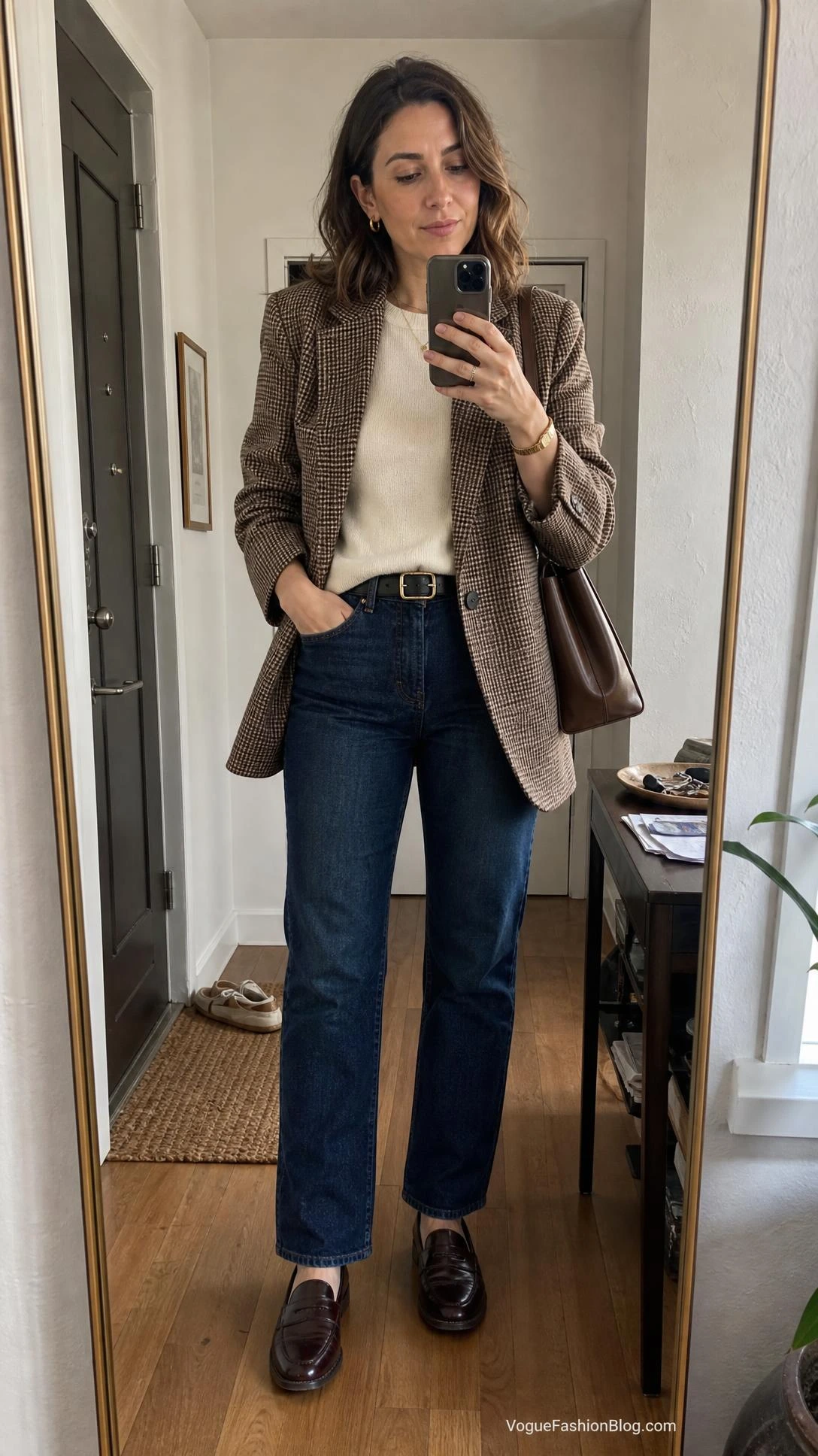 Woman taking an entryway mirror selfie in a plaid blazer and dark straight jeans, one of the fall outfit ideas for women for 2026.