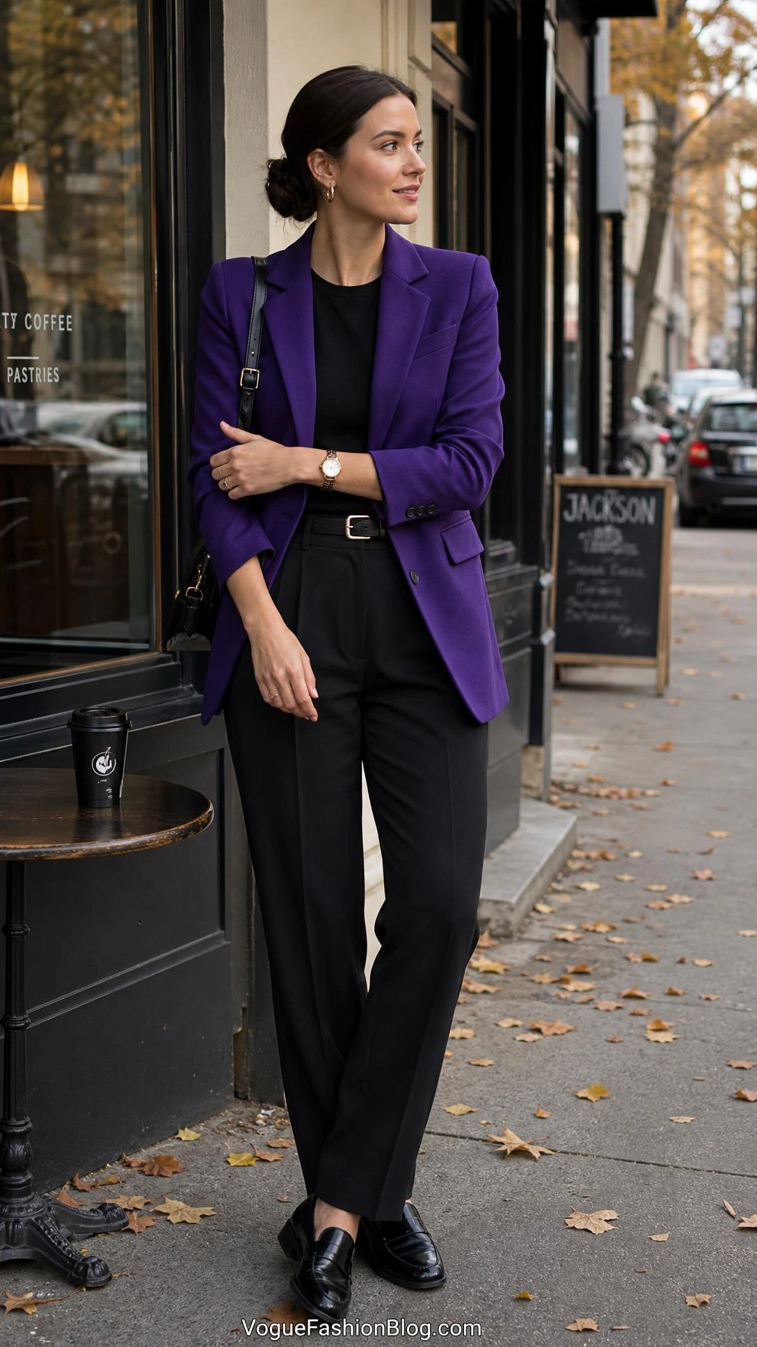 Woman in a tailored blazer and black trousers outside a café, showing royal purple outfit ideas for polished fall street style.