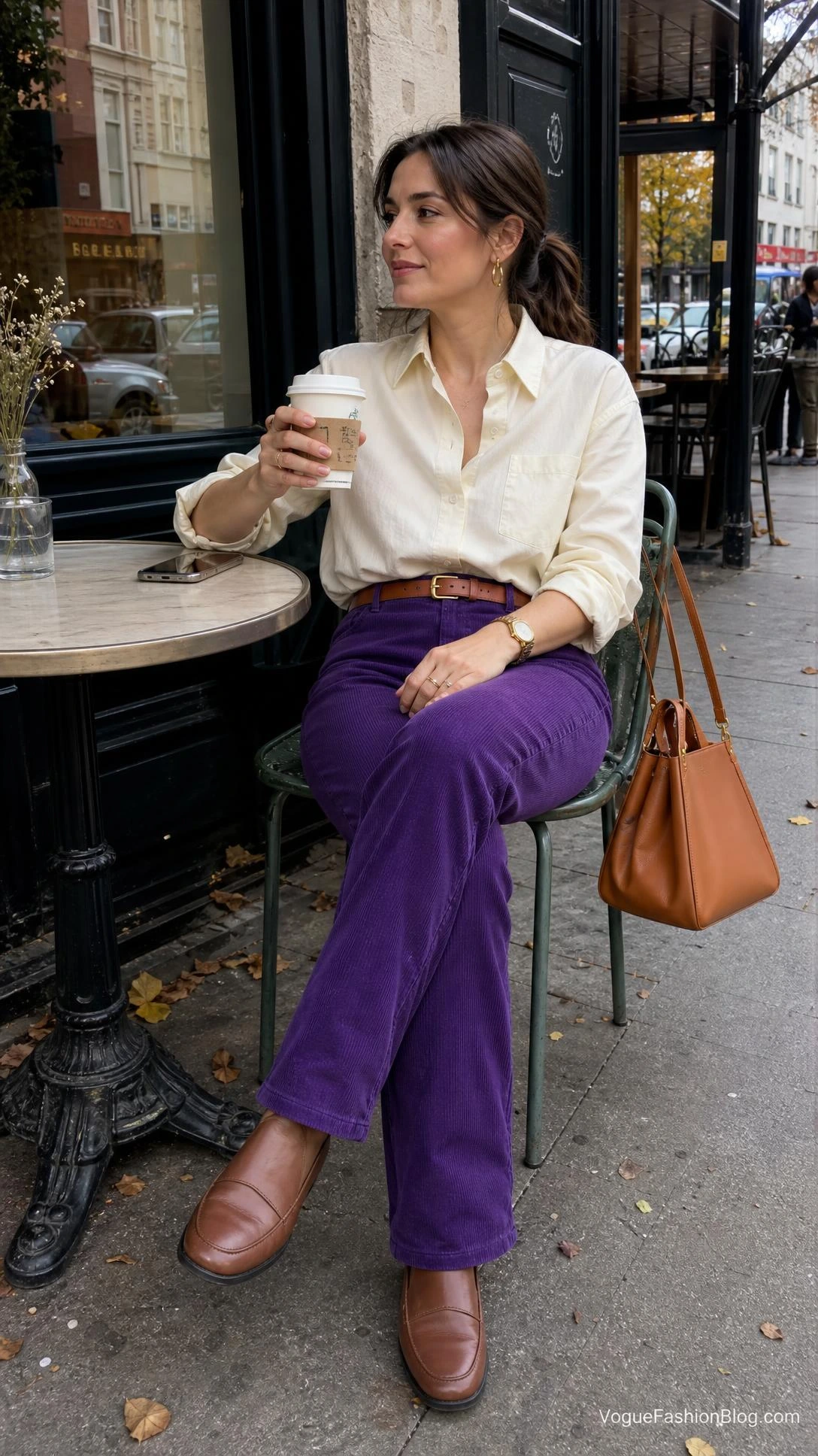 Woman at an autumn café in corduroy pants and a cream button-down shows royal purple outfit ideas for fall.