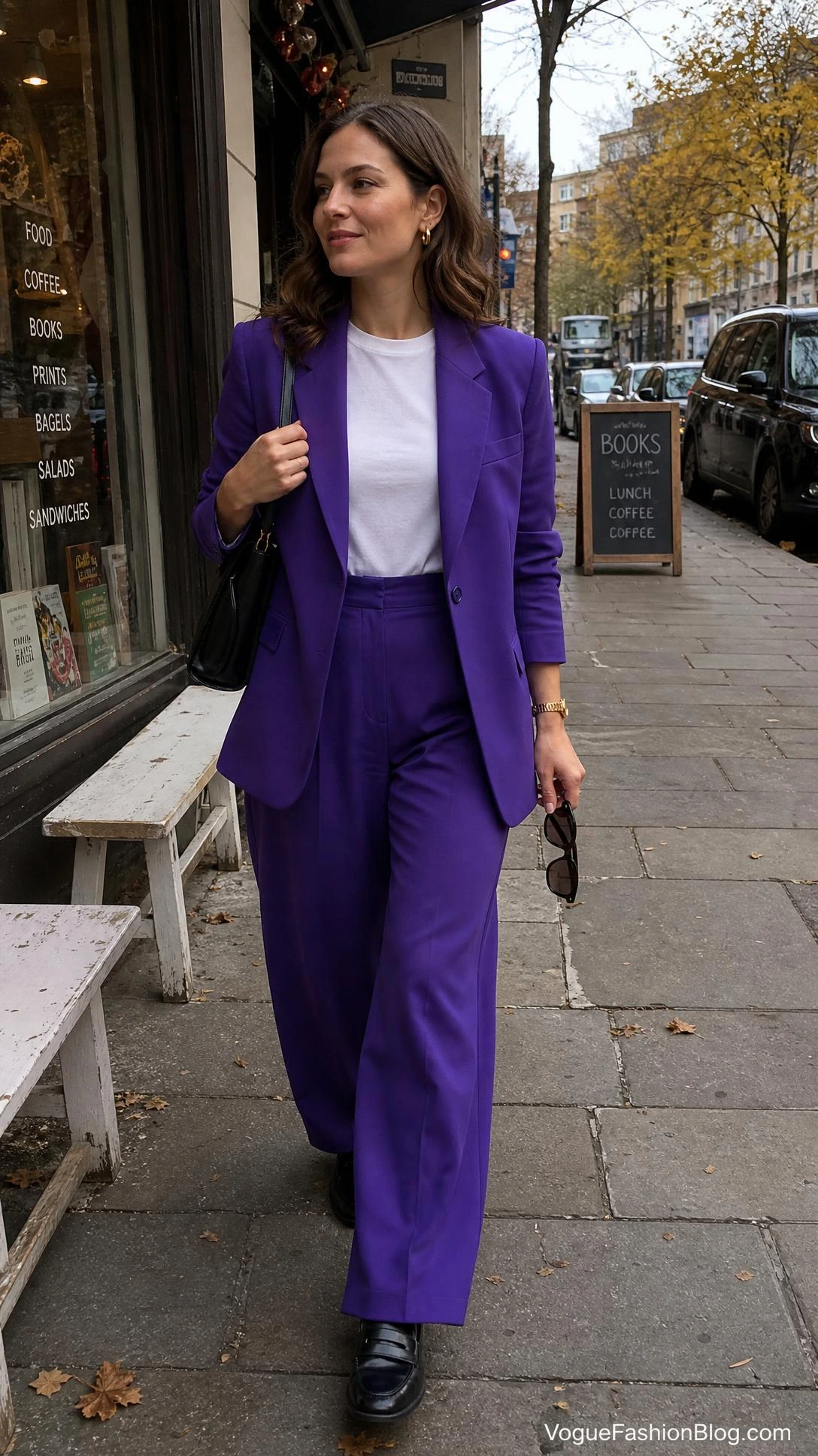 Woman in a royal purple wide-leg suit and tucked white tee, a polished take on royal purple outfit ideas for fall street style