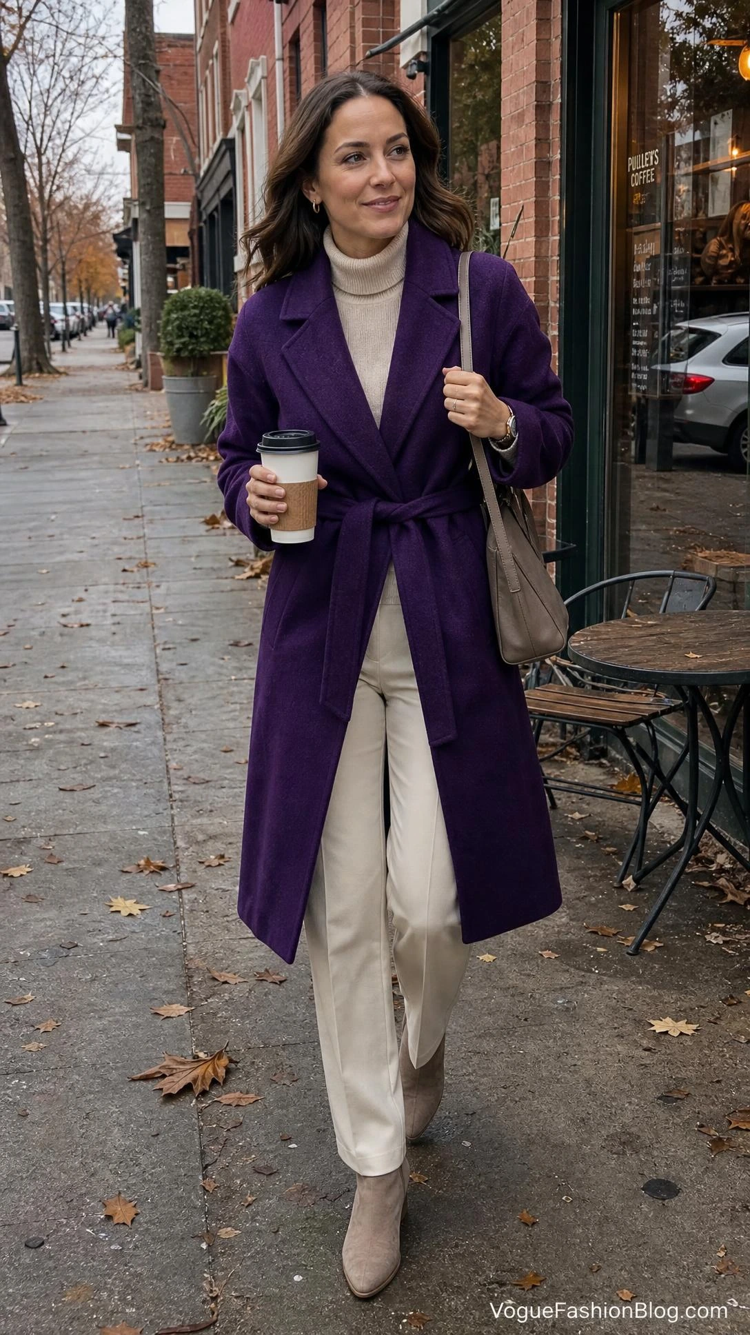 Woman in a belted wool coat on an autumn café sidewalk, showing royal purple outfit ideas with quiet neutrals.