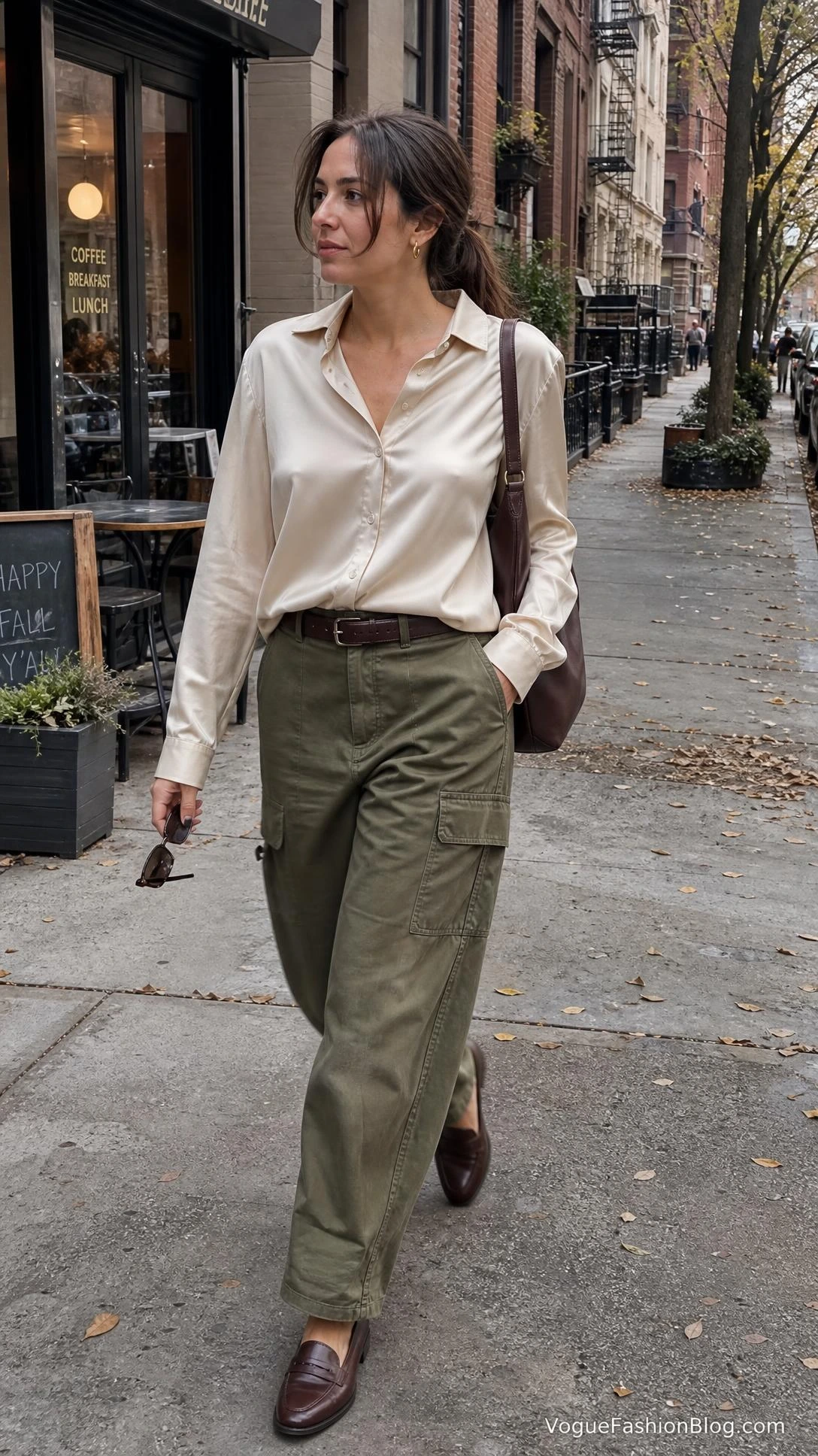Fall Outfit Ideas for Women: a woman walks past a café in a champagne satin blouse and relaxed olive cargo pants
