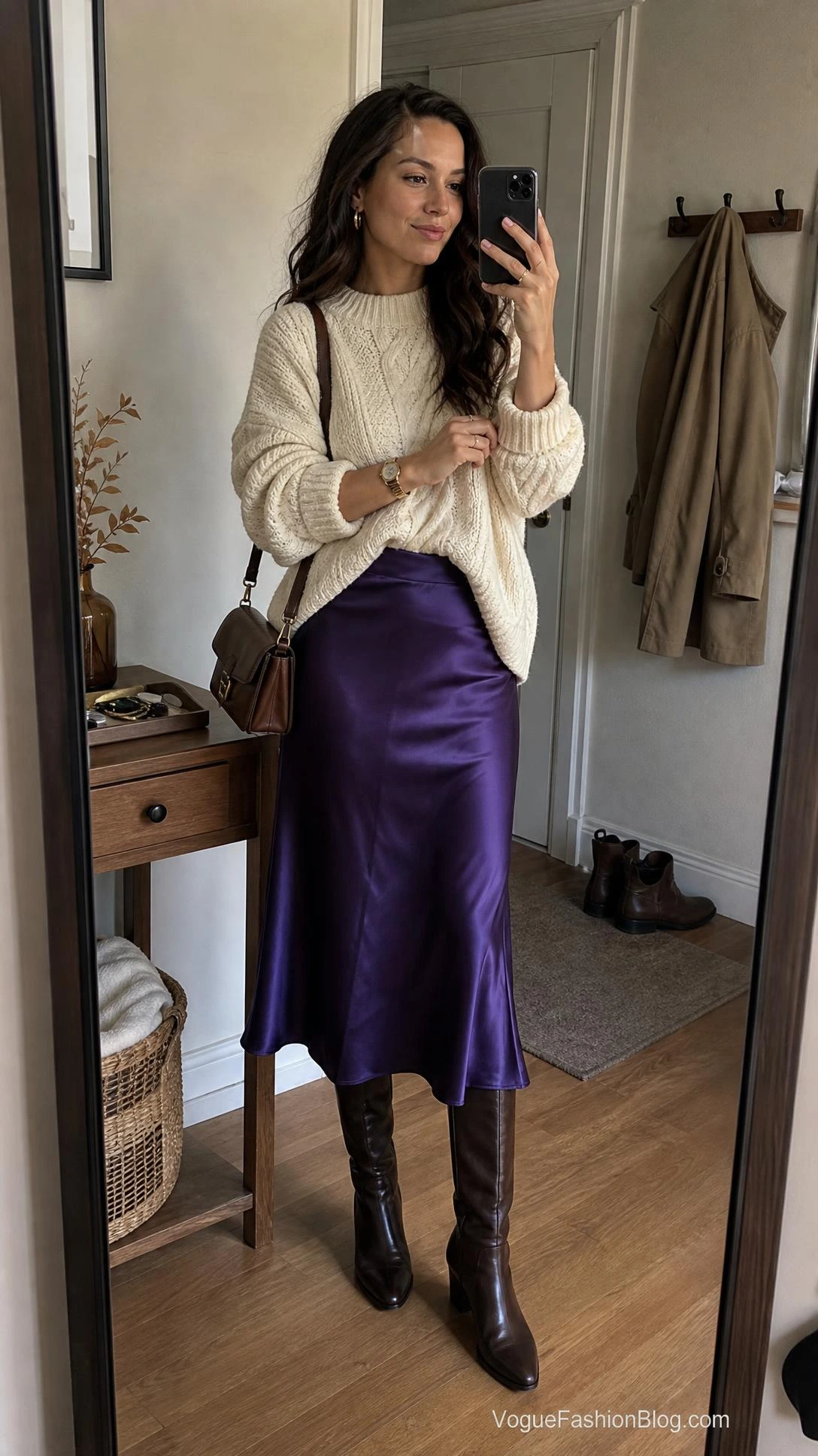 Mirror selfie of a woman styling royal purple outfit ideas with a satin midi skirt, chunky cream sweater, and brown knee boots.