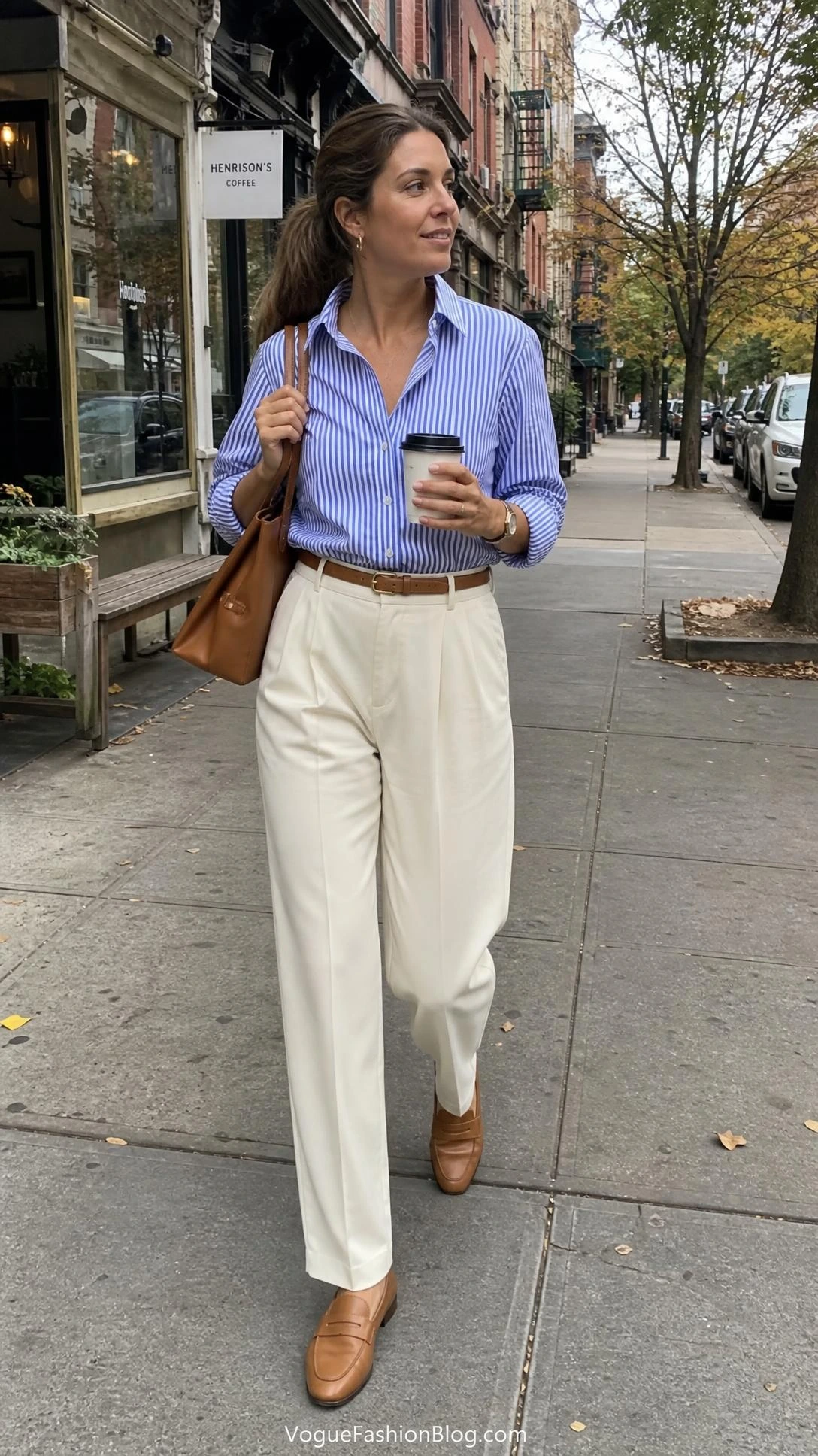 Woman in a blue-and-white button-down and cream tailored trousers walking past a café, a polished take on striped shirt outfits.