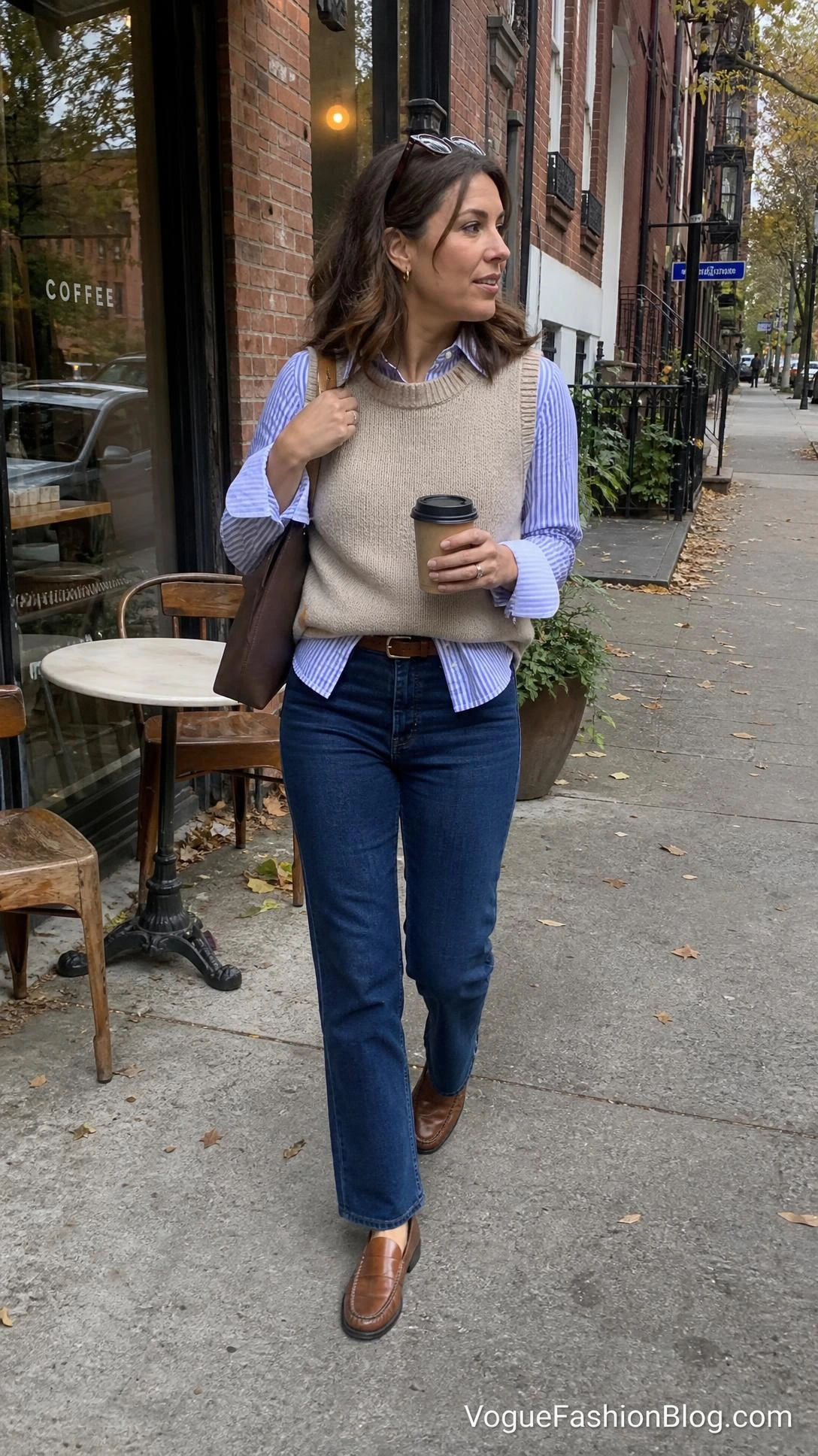 Woman walking past a café in a blue-and-white button-down, oatmeal knit vest, and dark jeans for striped shirt outfits.