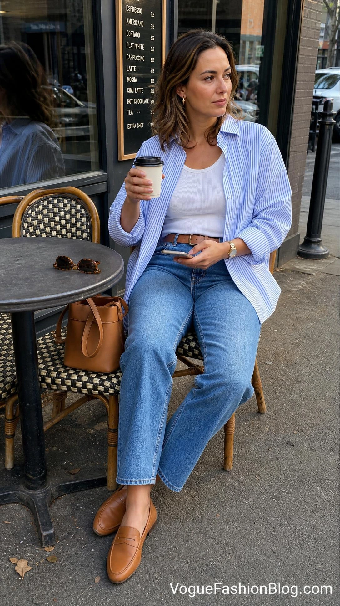 Striped Shirt Outfits for Early Fall: woman at a café in an open blue striped shirt, white tank, jeans, and tan belt.