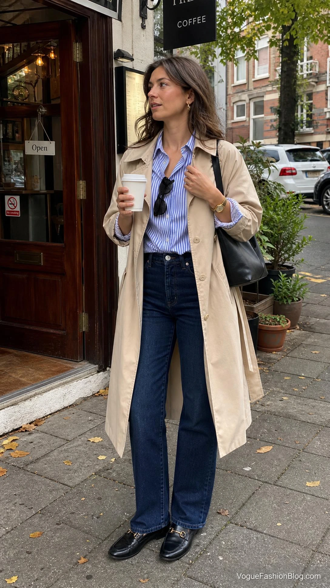 Woman in a trench coat holds coffee by a café doorway on an overcast morning, styling striped shirt outfits for early fall.