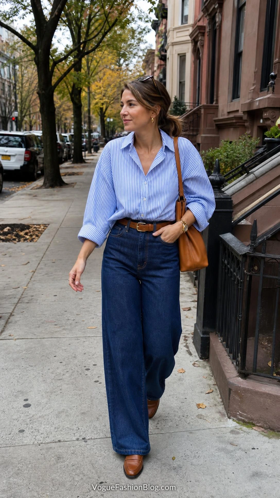 Woman in a blue striped button-down and dark wide-leg denim shows striped shirt outfits for early fall city walks.
