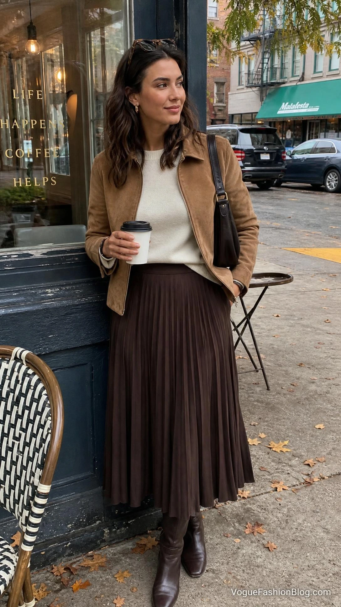 Woman in a camel suede jacket and chocolate skirt outside a café, one of the pleated midi skirt outfit ideas for fall.