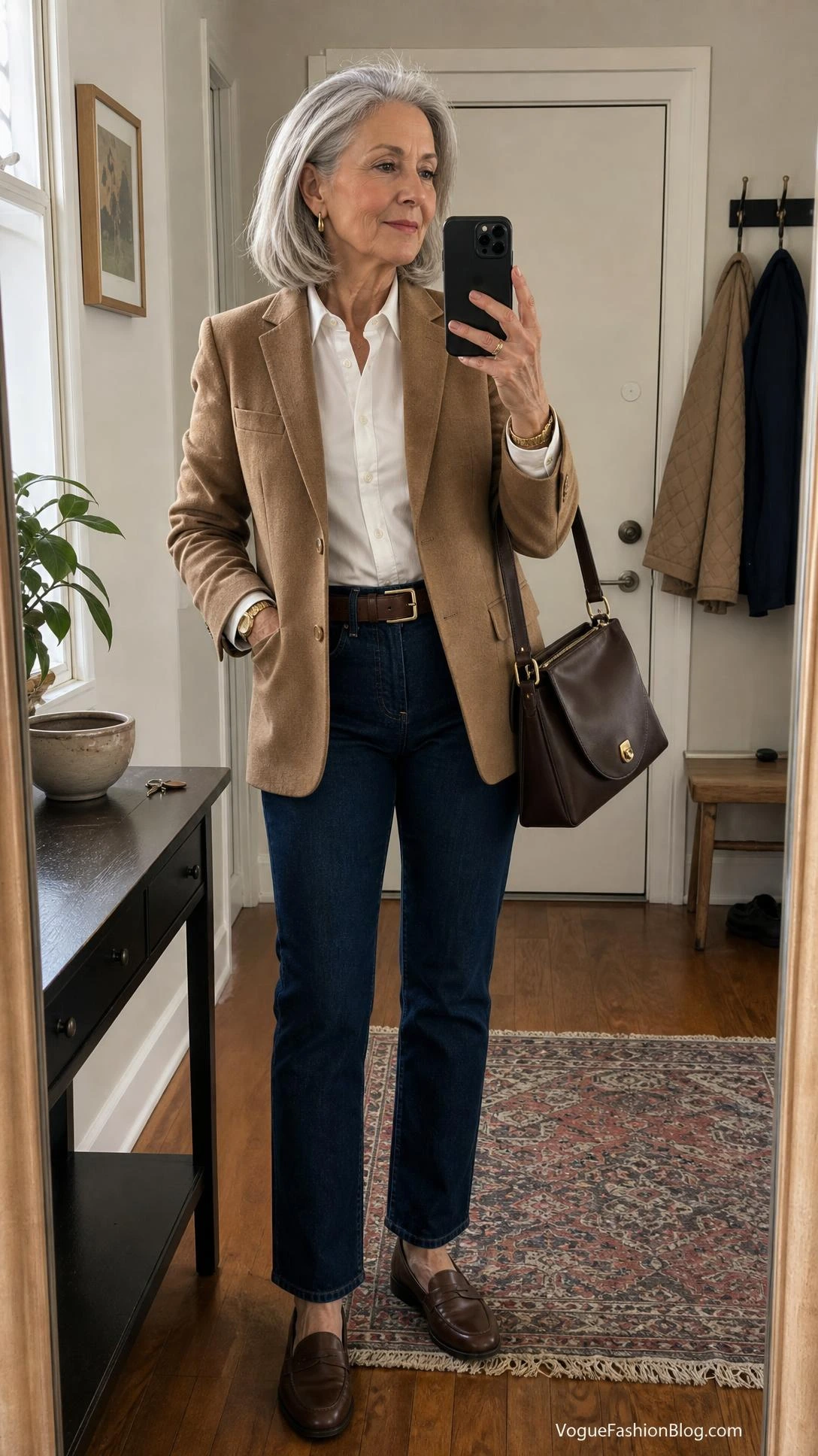 Woman in her early 70s takes a mirror selfie in a camel blazer, white shirt, and straight-leg jeans, showing how to dress in your 70s.