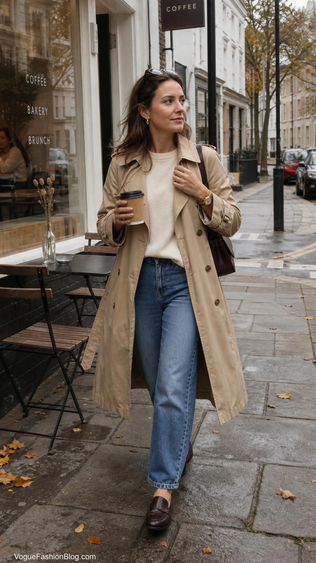 Woman in a beige trench and barrel jeans walks past a damp London café, a polished Fall Outfit Ideas for Women look for 2026