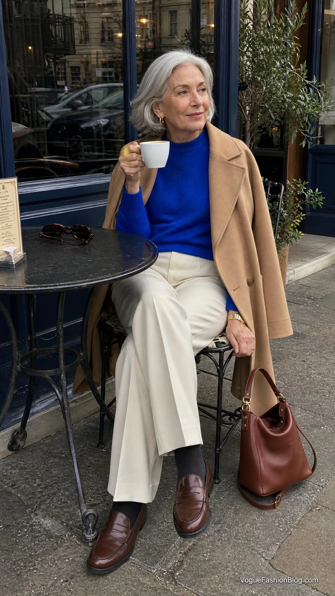 Stylish woman in her early 70s seated at a sidewalk café, showing how to dress in your 70s with color near the face