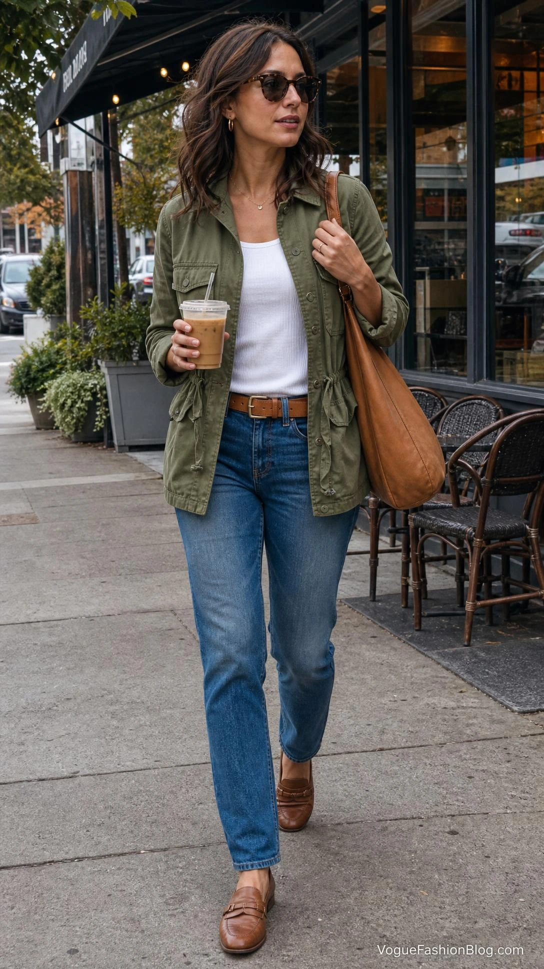 Woman in an olive utility jacket, tank, and jeans walks by a café, a practical Labor Day Weekend Outfits idea for early fall.