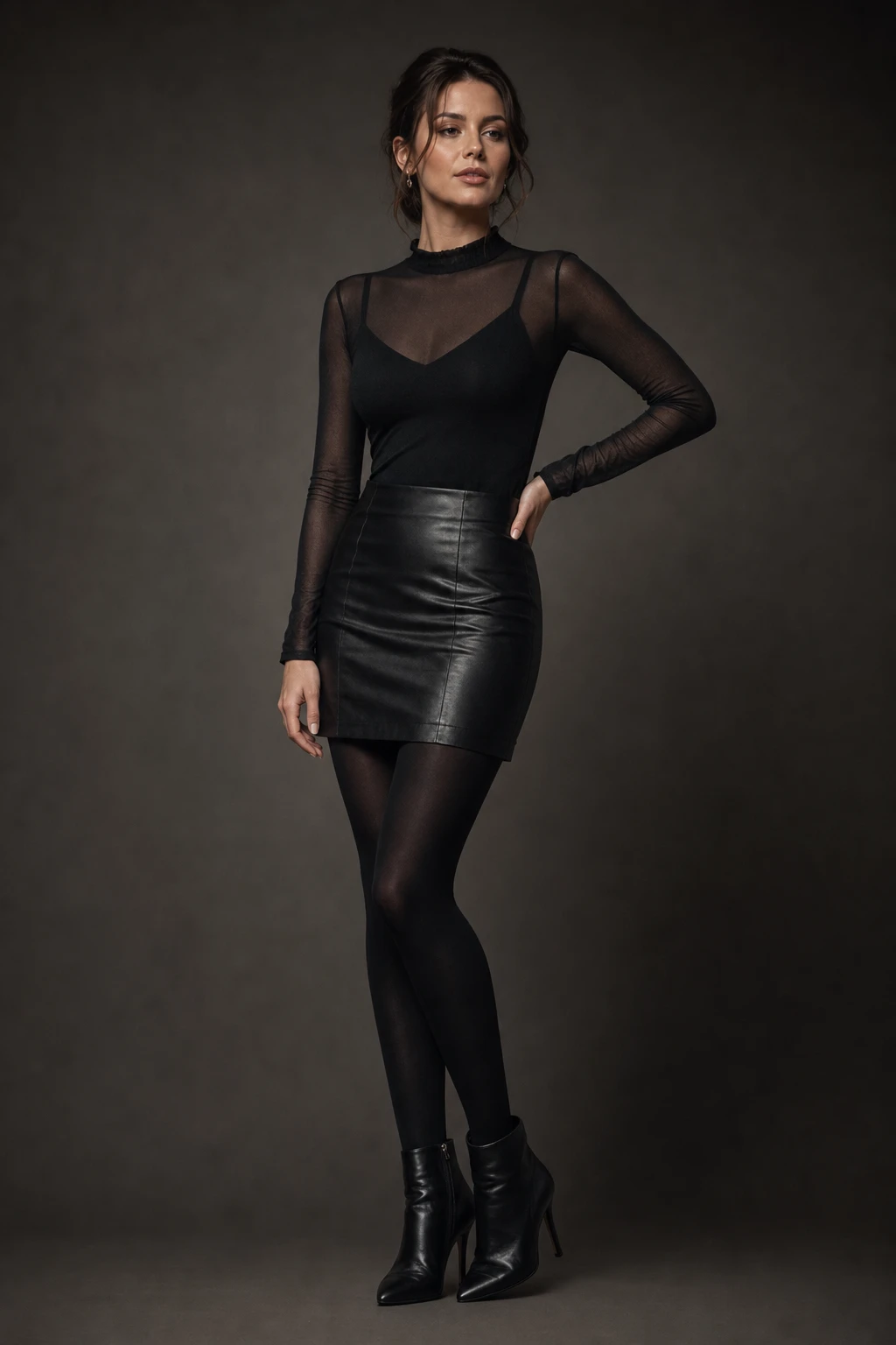 Woman in a black mesh long-sleeve top, leather mini skirt and opaque tights styled for a cocktail evening