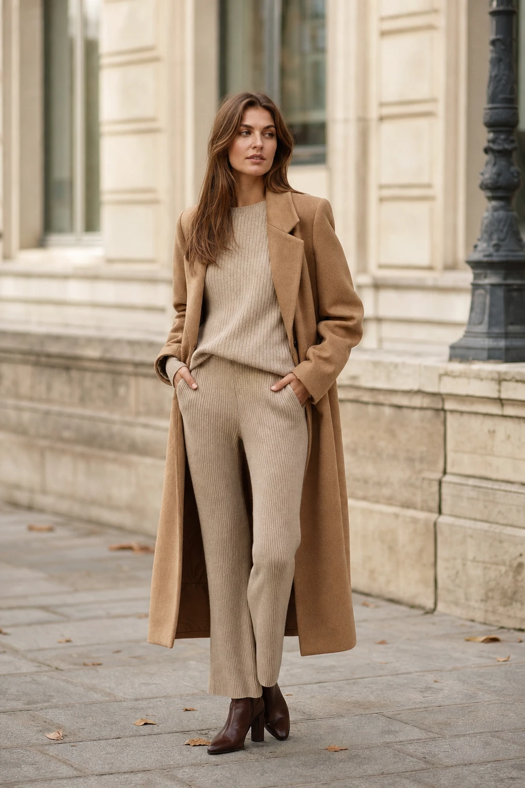 Tall woman in an oatmeal knit set layered under a long camel coat with heeled boots
