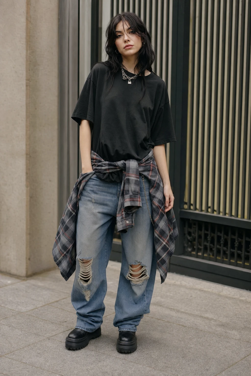 Woman in a Y2K grunge outfit with distressed baggy jeans and a plaid flannel tied at the waist