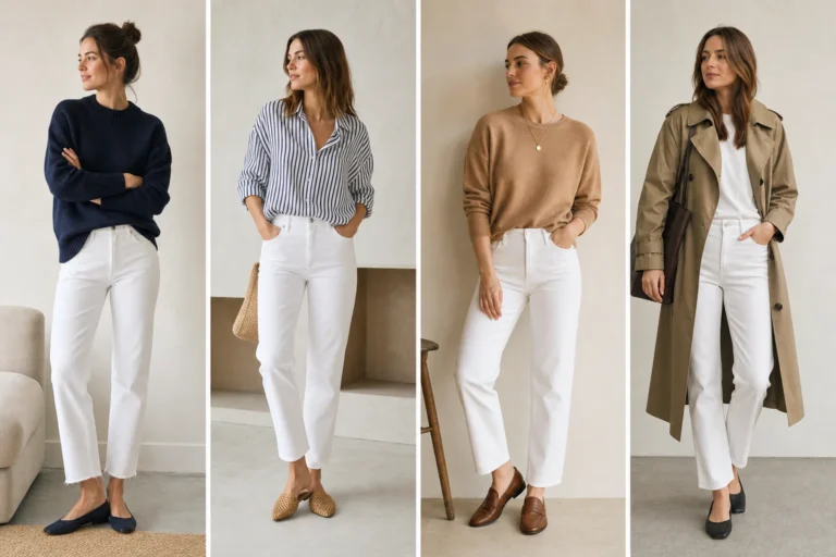 White jeans outfit ideas shown as four styled looks