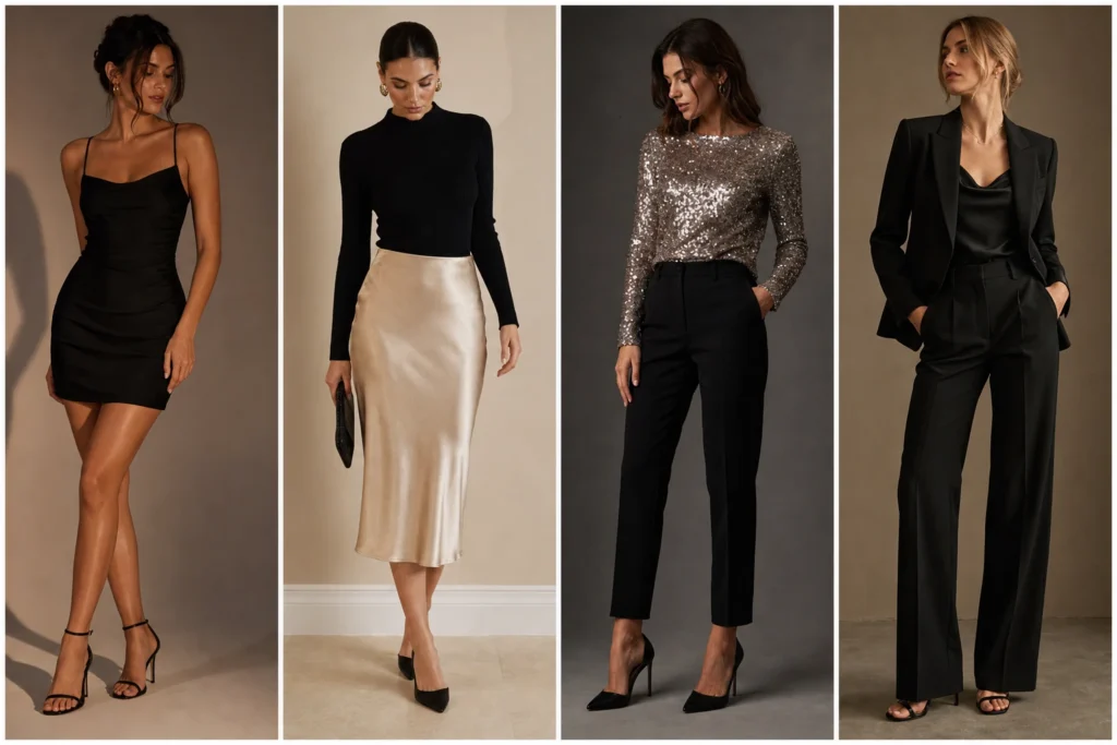 Cocktail outfit ideas shown as four elegant looks