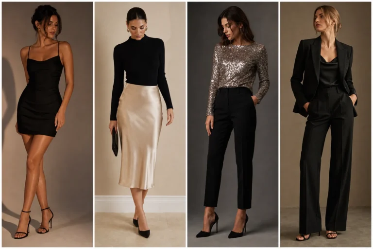 Cocktail outfit ideas shown as four elegant looks
