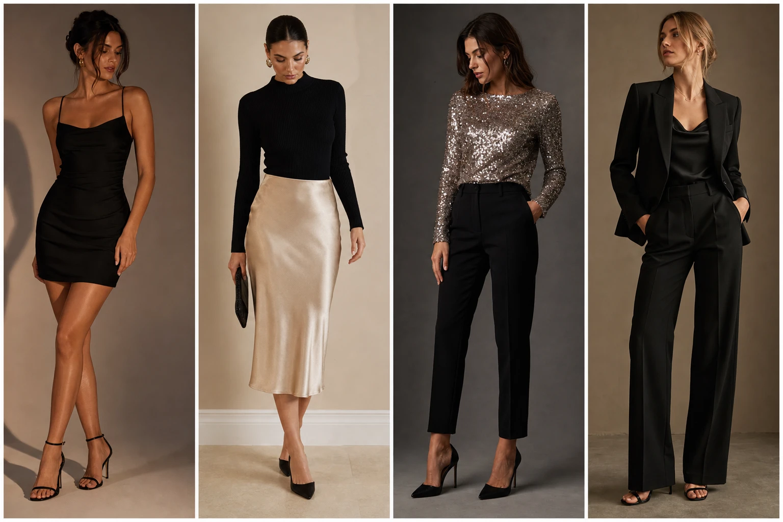 Cocktail outfit ideas shown as four elegant looks